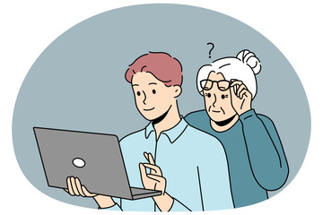 Millennial grandson help confused older grandmother with laptop problem. Caring guy assist mature grandma with compute. Elderly and technology. Vector illustration.