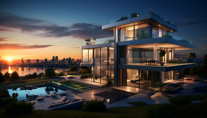 An 3D rendering image representing a luxury residence, showcasing architecture, real estate, and urban living