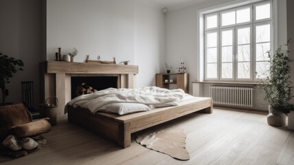 Bedroom decor, home interior design . Scandinavian Rustic style with Fireplace decorated with Wood and Stone material . Generative AI AIG26.