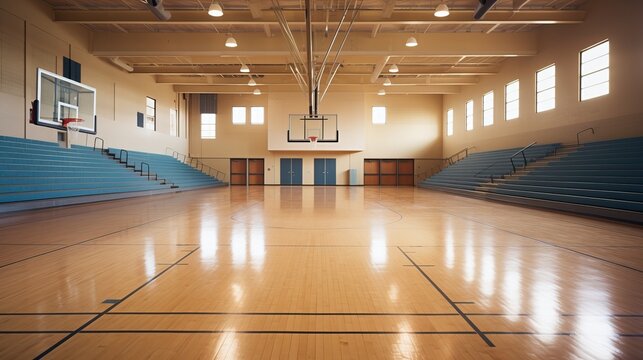 Empty high-school gymnasium with polished wooden floors  AI generated illustration