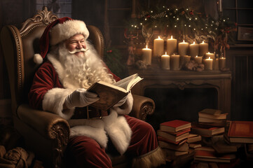 Santa Claus sits smiling in an armchair and reads from an old book