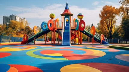Empty park with a colourful playground in the background  AI generated illustration - obrazy, fototapety, plakaty