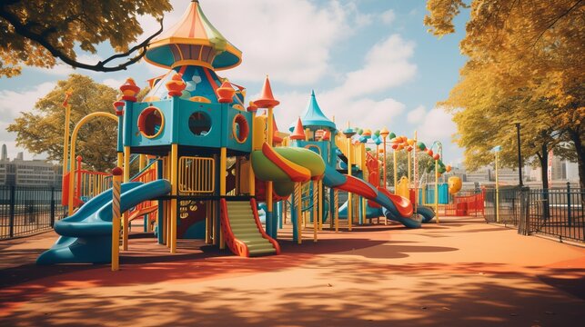 Empty park with a colourful playground in the background  AI generated illustration