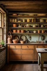 Empty rustic kitchen with open shelving  AI generated illustration