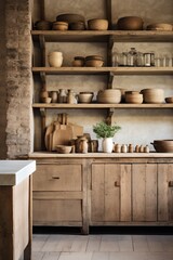 Empty rustic kitchen with open shelving  AI generated illustration