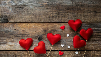 Small red hearts in front of a rustic background. Valentine's day concept
