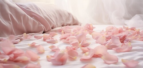 Delicate pink rose petals scattered on a bed are captured by the camera, evoking a sense of tenderness and romantic charm in the scene.