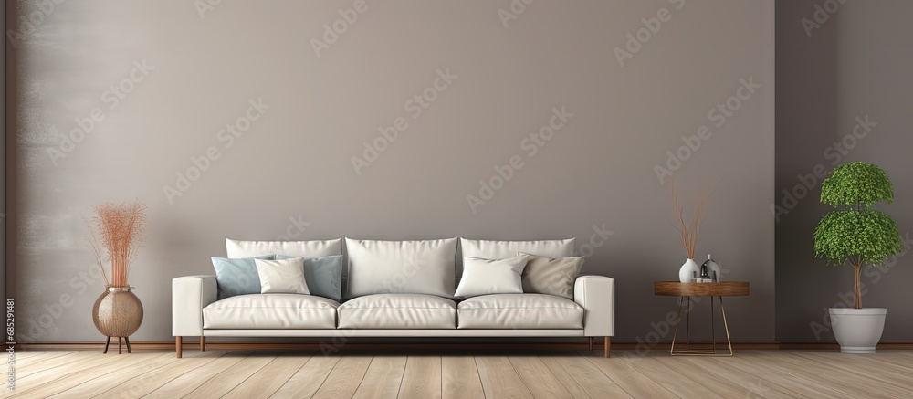 Poster stylish spacious room with big screen tv and comfortable couch copy space image