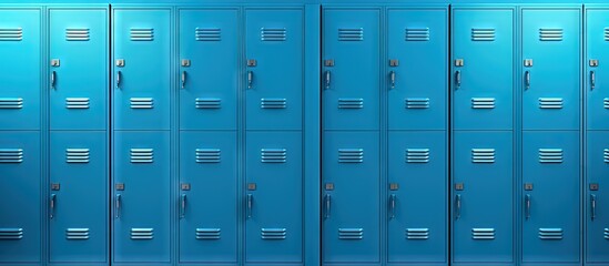 Stack of blue metal lab lockers in laboratory seen from the side copy space image