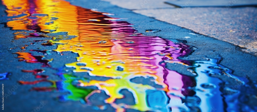Poster Rainbow gasoline leak on wet pavement copy space image