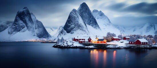 Nighttime scene in Lofoten Norway with Norwegian fishermen and cabins captured at dawn during colder months copy space image