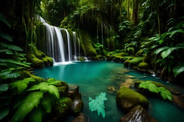 Fototapeta premium A majestic waterfall cascading into a crystal-clear pool surrounded by lush, emerald vegetation.