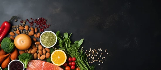 Foto op Plexiglas Potassium rich foods include legumes salmon fruits vegetables dried apricots seaweed chuka and nuts Top view on a dark background copy space image © vxnaghiyev