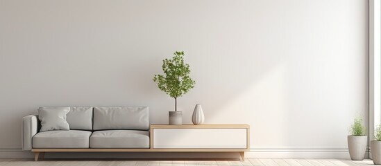 Photo of a simple Scandinavian living room with a gray interior window cabinet with a plant grey sofa and table with a cup copy space image