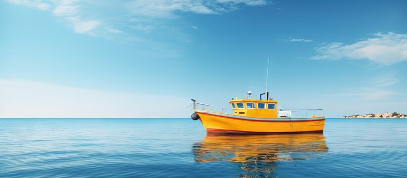 Place yellow boat on blue sea under summer sky with cargo securely copy space image
