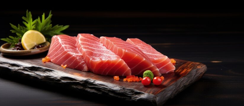 Stunning Japanese tuna nigiri sushi displayed on a dark wooden surface copy space image