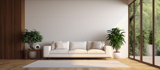 Fototapeta premium Luxurious house with modern living room wooden floor white sofa and glass door near a fancy plant copy space image