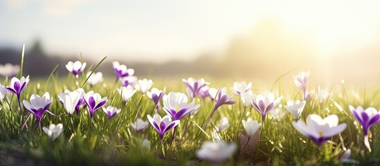 Obraz premium The blooming white and purple flowers are stunning set amid green grass nature sky and sun copy space image