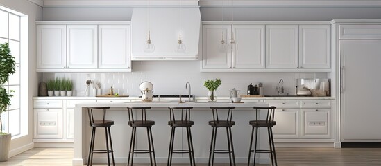 Stunning high end kitchen with white cabinets copy space image - obrazy, fototapety, plakaty