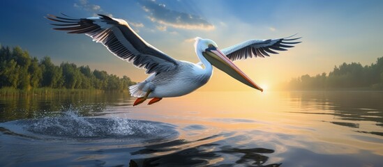 Obraz premium Pelican flying over water shows how climate change affects wildlife conservation copy space image
