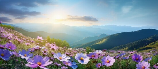 Obraz premium The colorful mountain flowers create a beautiful scene with lush greenery open sky and shining sun copy space image