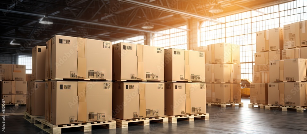 Poster palletized packaging boxes awaiting loading into cargo container cartons cardboard boxes delivery tr