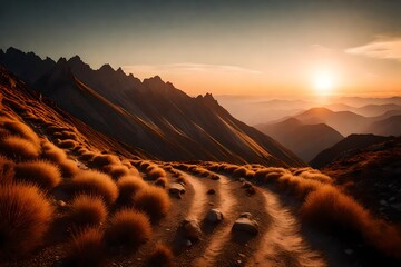 Picture a serene mountain range, kissed by the soft glow of the setting sun, with a winding trail leading towards the horizon. - Powered by Adobe