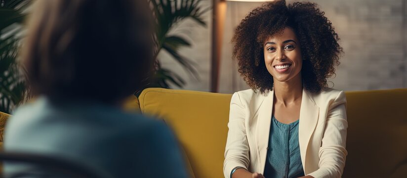 Psychotherapy success Millennial woman receiving therapy sharing resolving emotional issues with psychologist copy space image