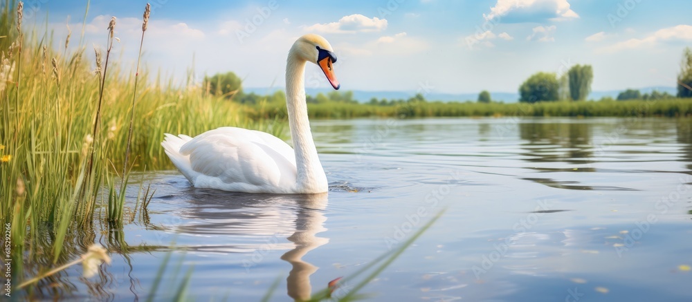 Poster Photographing a beautiful swan in Danube Delta Romania displaying nature s diverse ecosystem copy space image