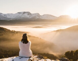 Contemplación Invernal: Persona Admirando las Montañas Nevadas