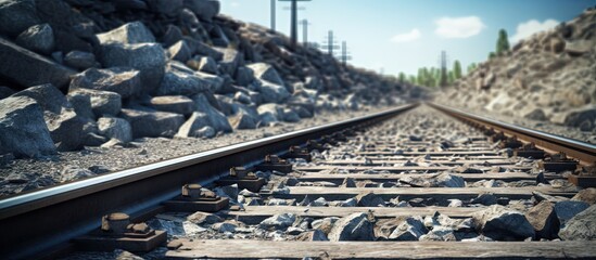 Railway junctions with track ballast train tracks and crushed stones create an industrial landscape for heavy industry copy space image - obrazy, fototapety, plakaty
