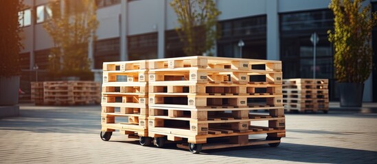 Out of store pallets Wooden trolley Storage equipment Panic bought sold out items Economic crisis causes goods deficit copy space image - obrazy, fototapety, plakaty