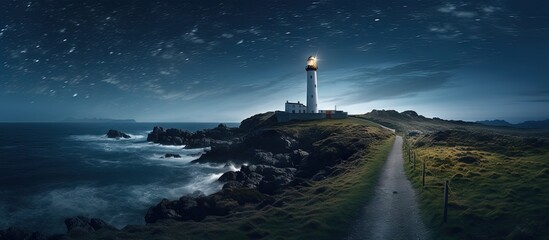 Nighttime view of a meteorological station and lighthouse at Pointe du Raz Brittany France copy space image - obrazy, fototapety, plakaty