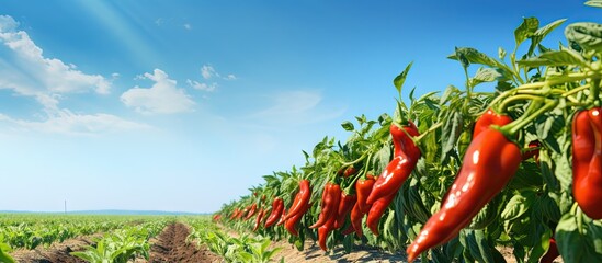 Red peppers growing in irrigated field under blue skies copy space image - obrazy, fototapety, plakaty