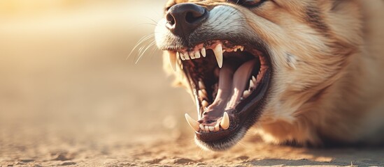Fototapeta premium Outdoor dog snarling showing angry teeth in close up copy space image