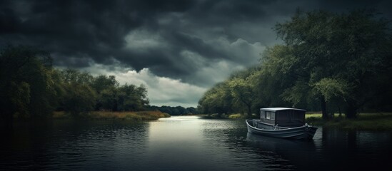 Fototapeta premium Moored boat on left side of calm canal under dramatic dark skies copy space image