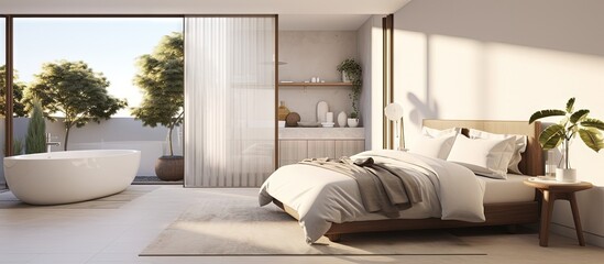 Stunning contemporary master bedroom with a peaceful atmosphere and luxurious ensuite bathroom copy space image