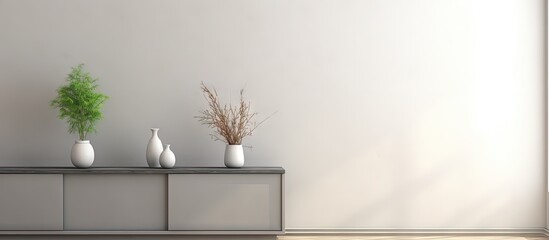 Photo of a simple Scandinavian living room with a gray interior window cabinet with a plant grey sofa and table with a cup copy space image
