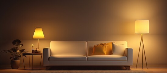 Modern living room with a nearby lamp at night copy space image - obrazy, fototapety, plakaty