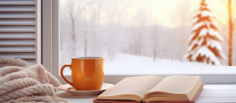 Snowy landscape seen from inside through a vintage windowsill with a hot mug of tea and an open book on a warm plaid copy space image