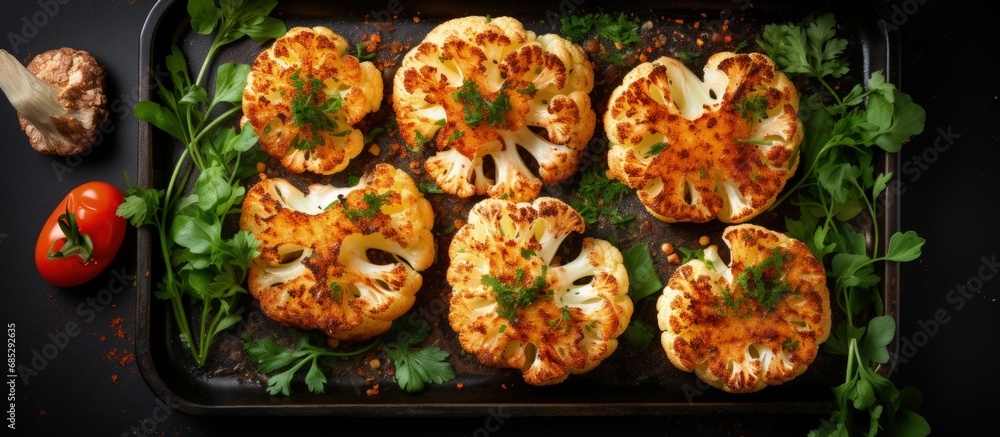 Poster plant based meat substitute cooked with herbs and spices on a baking tray copy space image