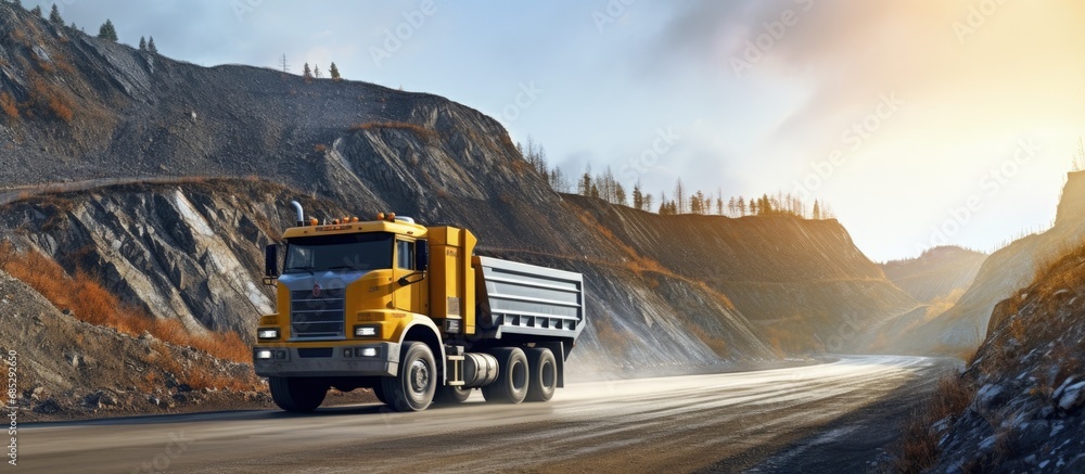 Poster mining truck transporting coal in a quarry copy space image