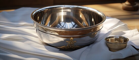 Orthodox Church s baptismal shirt a ritual construct with a holy water filled metal bowl copy space image - obrazy, fototapety, plakaty