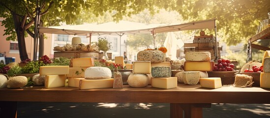Outdoor space with artisan cheese stalls copy space image