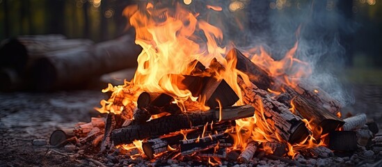 Stock photo of flaming logs drying in forest bonfire copy space image