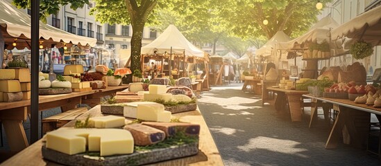 Outdoor space with artisan cheese stalls copy space image - Powered by Adobe
