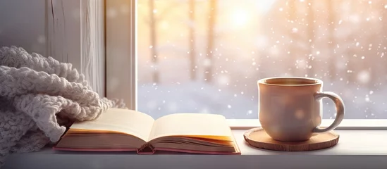 Foto op Canvas Snowy landscape seen from inside through a vintage windowsill with a hot mug of tea and an open book on a warm plaid copy space image © vxnaghiyev
