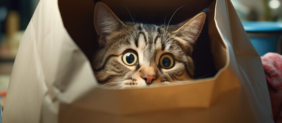 Mischievous pet cat exploring a paper bag at home copy space image