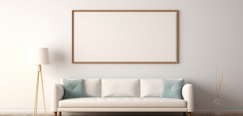 Detailed view of a white empty frame on a light wall, paired with a creamy sofa in a cozy space