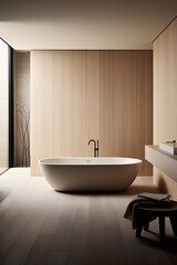 Fototapeta na wymiar Low-key luxe minimalist bathroom with standalone bathtub and open shower AI generated illustration